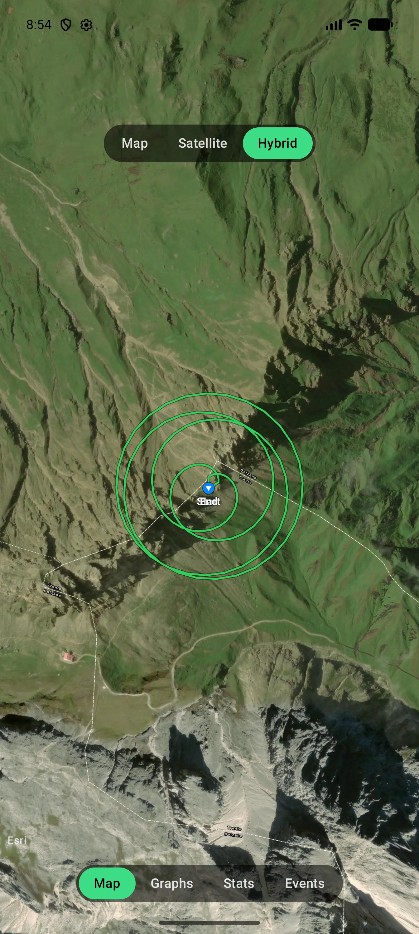 Flight log map showing a flight track over mountains