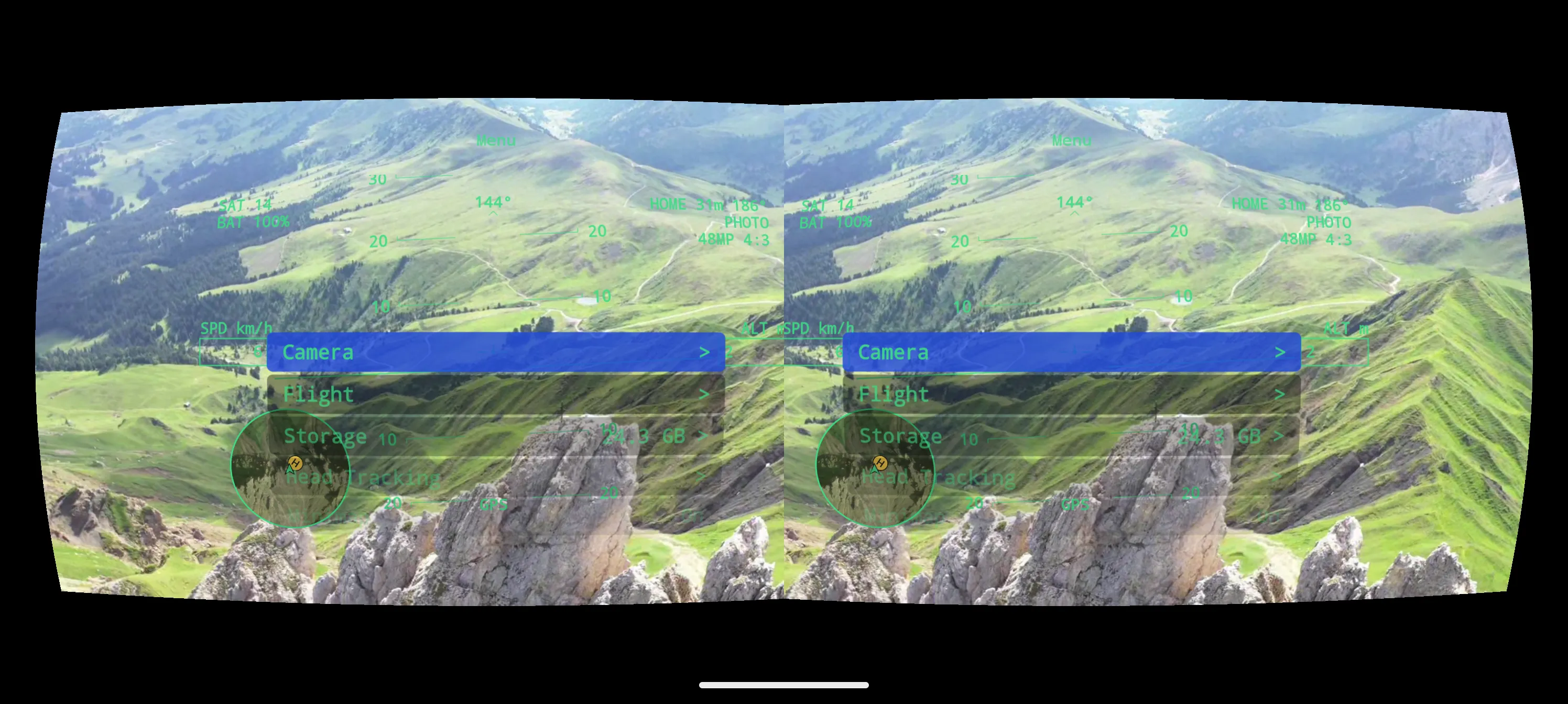 The in-flight view, as rendered for the left and right eye